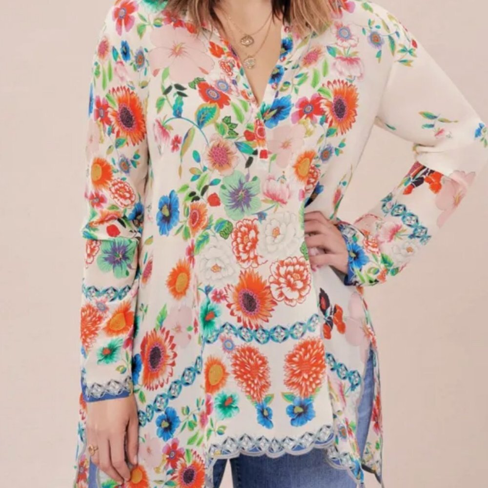 Johnny Was Sheer Mala Handkerchief  Tunic Top Blouse Rayon Size S  Floral Multi